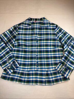 Indo-chic V-neck  Button-Front Women's Blouse Blue and Green Plaid Size L
